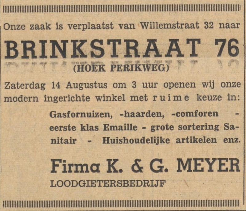 Brinkstraat 76 hoek Perikweg loodgietersbedrijf Firma K. & G. Meyer advertentie Tubantia 13-8-1954.jpg