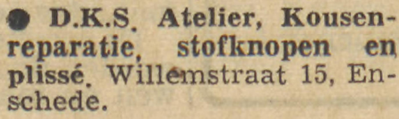 Willemstraat 15 D.K.S. Atelier kousenreparatie advertentie Tubantia 25-9-1956.jpg