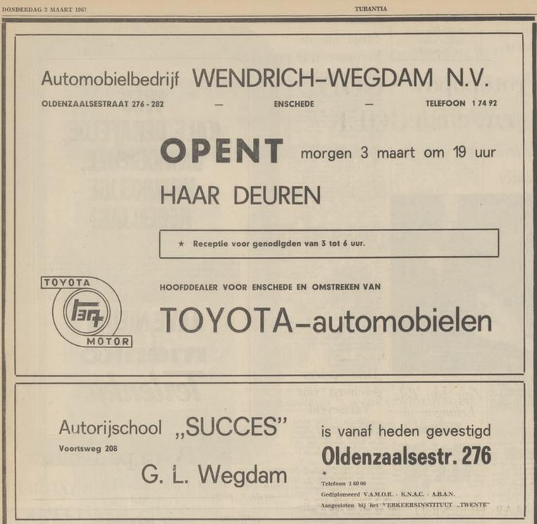Oldenzaalsestraat 276-282 automobielbedrijf Wendrich Wegdam advertentie Tubantia 2-3-1967.jpg