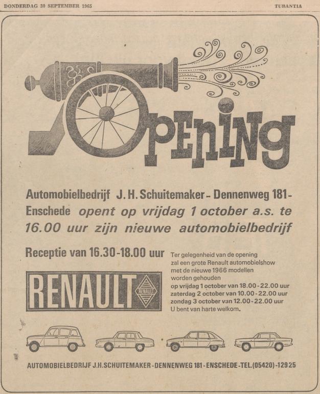Dennenweg 181 Automobielbedrijf J.H. Schuitemaker advertentie Tubantia 30-9-1965.jpg