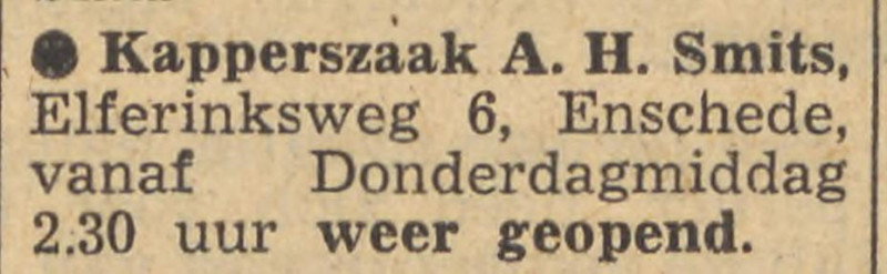 Elferinksweg 6 kapperszaak A.H. Smits advertentie Tubantia 10-11-1954.jpg