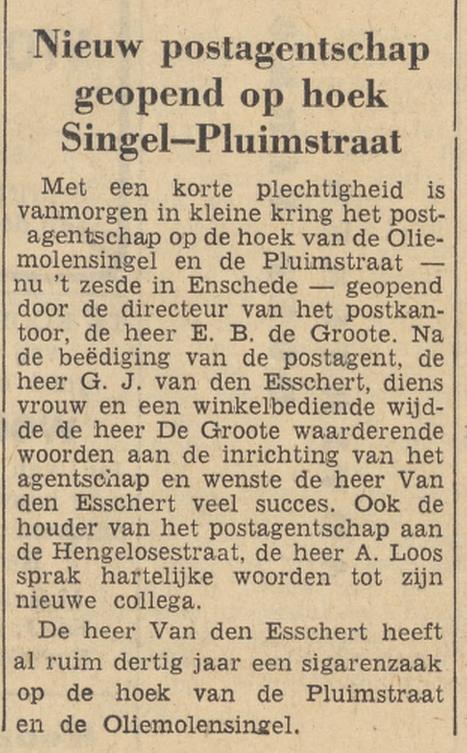 Pluimstraat 90 hoek Oliemolensingel 56 Postagentschap Van den Esschert krantenbericht Tubantia 1-11-1960.jpg
