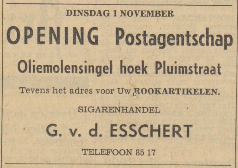 Oliemolensingel 56 hoek Pluimstraat 90 sigarenhandel postagentschap G. van den Esschert advertentie Tubantia 310-10-1960.jpg