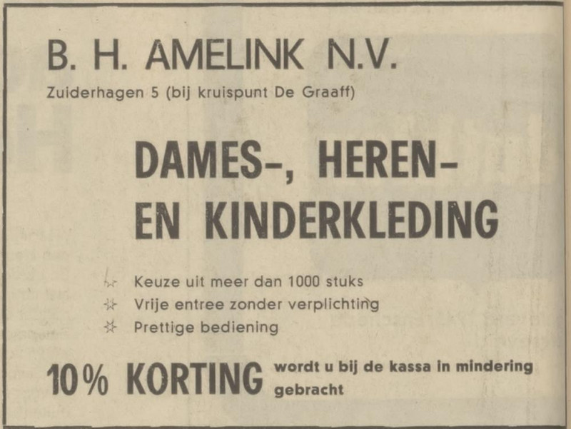 Zuiderhagen 5 dames-, heren- en kinderkleding B.H. Amelink advertentie Tubantia 5-11-1970.jpg