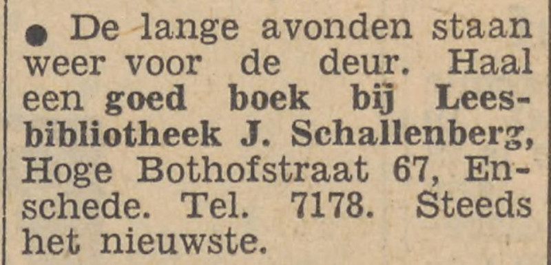 Hoge Bothofstraat 67 Leesbibliotheek J. Schallenberg advertentie Tubantia 16-10-1957.jpg
