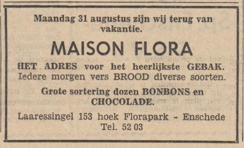 Laaressingel 153 hoek Florapark Maison Flora gebak advertentie Tubantia 29-8-1964.jpg
