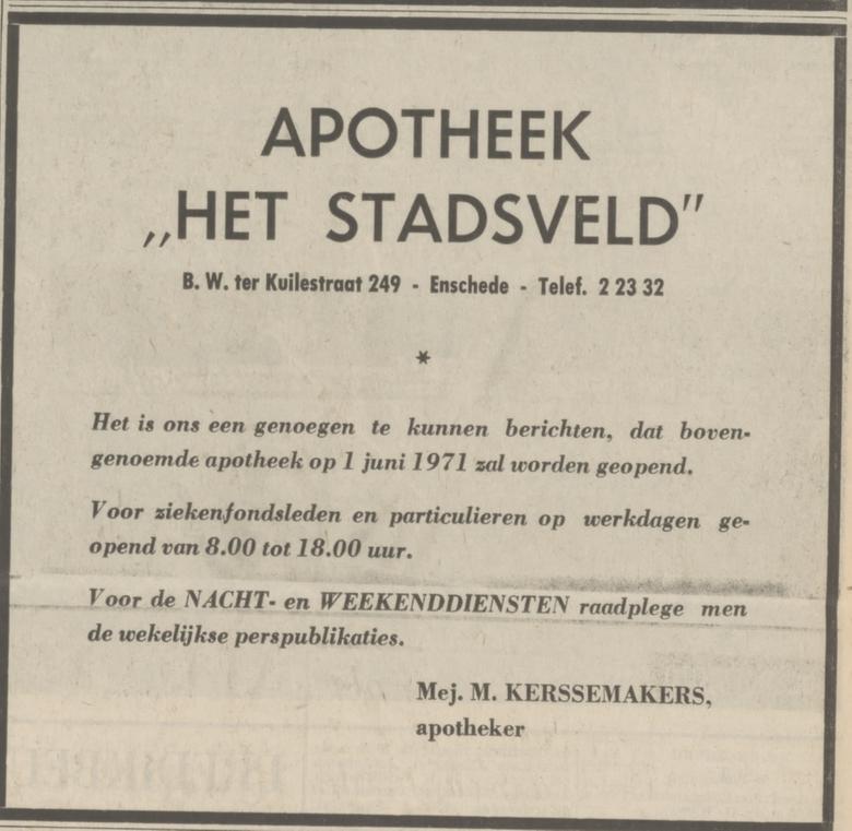 B.W. ter Kuilestraat 249 Apotheek Stadsveld advertentie Tubantia 29-5-1971.jpg