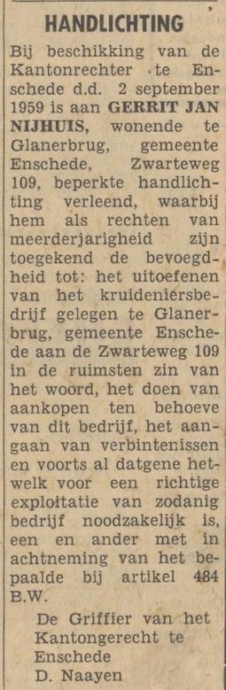 Zwarteweg 109 kruideniersbedrijf G.J. Nijhuis advertentie Tubantia 8-9-1959.jpg
