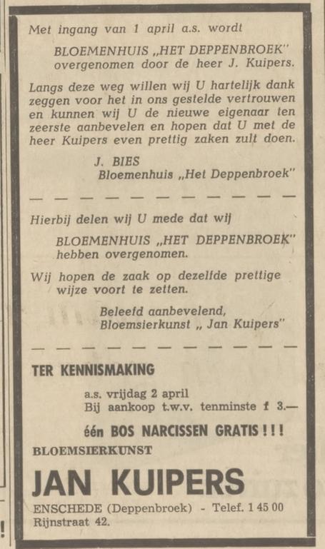 Rijnstraat 42 winkelcentrum Deppenbroek Bloemsierkunst Jan Kuipers advertentie Tubantia 31-3-1971.jpg