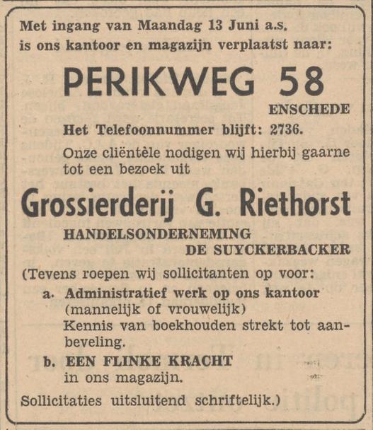 Perikweg 58 grossierderij G. Riethorst advertentie Tubantia 11-6-1955.jpg