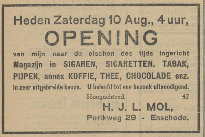 Perikweg 29 sigarenmagazijn H.J.L. Mol advertentie Tubantia 10-8-1929.jpg