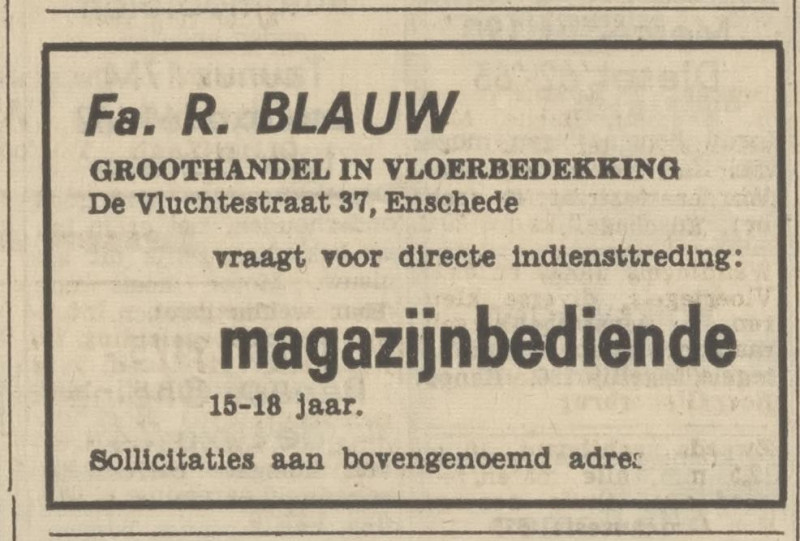 De Vluchtestraat 37 Fa. R. Blauw groothandel in vloerbedekking advertentie Tubantia 24-8-1968.jpg