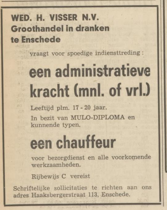 Haaksbergerstraat 113 Wed. H. Visser N.V. Groothandel in dranken advertentie Tubantia 3-2-1969.jpg