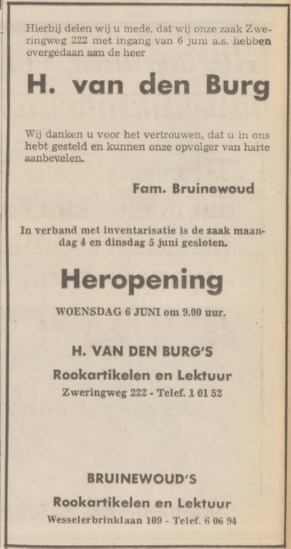 Wesselerbrinklaan 109 rookartiekelen Bruinewoud overgenomen door H. van den Burg advertentie Tubantia 1-6-1973.jpg