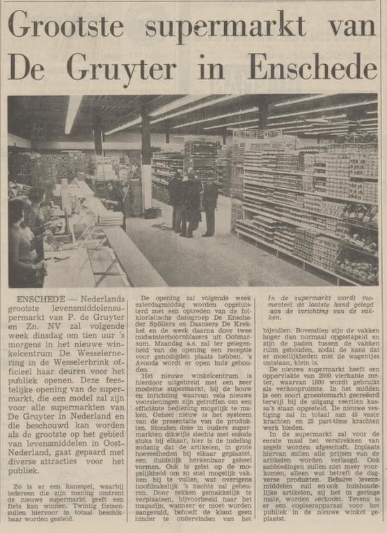 Wesselerbrinklaan winkelcentrum Wesselerbrink Supermarkt De Gruyter krantenbericht Tubantia 7-12-1973.jpg