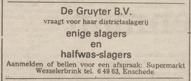 Wesselerbrinklaan Supermarkt De Gruyter advertentie Tubantia 29-3-1974.jpg