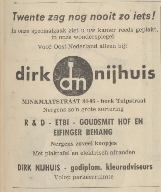 Minkmaatstraat 84-86 hoek Tulpstraat schildersbedrijf Dirk Nijhuis advertentie Tubantia 6-4-1966.jpg