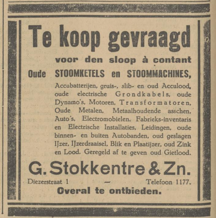 Diezerstraat 1 oud ijzerhandel G. Stokkentre & Zn advertentie Tubantia 5-2-1927.jpg