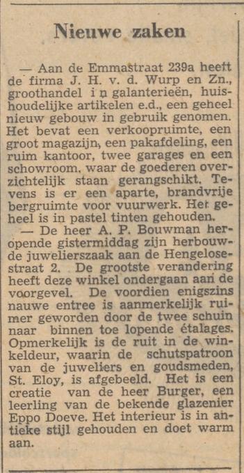 Emmastraat 239a groothandel Fa. J.H. v.d. Wurp en Zn krantenbericht Tubantia 28-3-1958.jpg