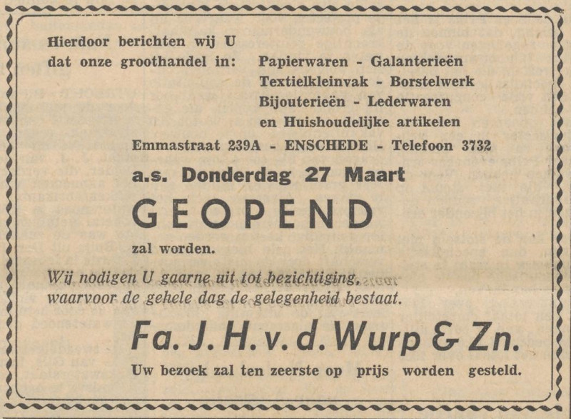 Emmastraat 239a groothandel Fa. J.H. v.d. Wurp en Zn advertentie Tubantia 26-3-1958.jpg