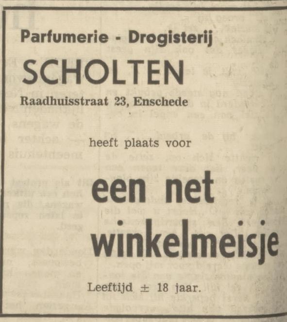 Raadhuisstraat 23 Parfumerie Drogisterij Scholten advertentie Tubantia 15-11-1969.jpg