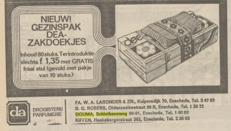 Schietbaanweg 89-91 DA Drogisterij Parfumerie Douma advertentie Tubantia 28-1-1971.jpg