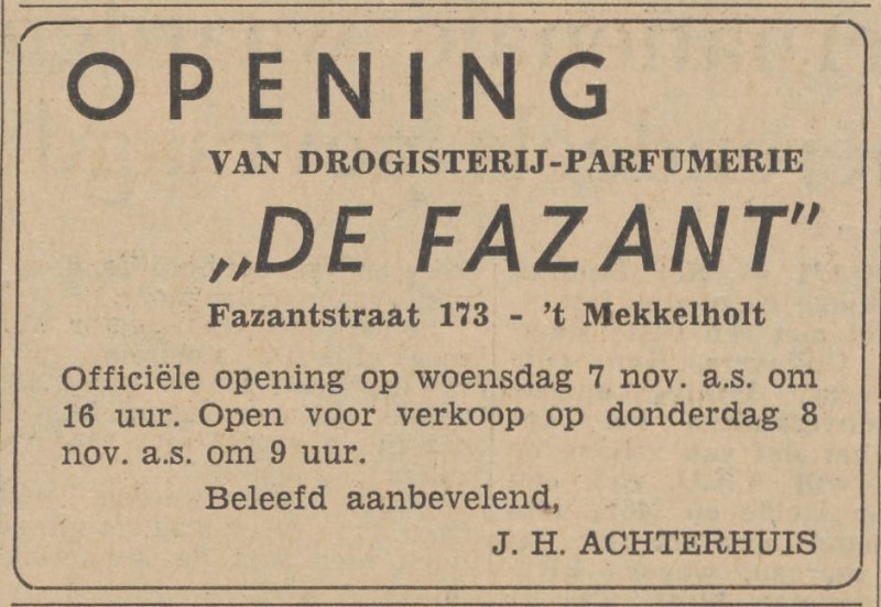 Fazantstraat 173 winkelcentrum Mekkelholt drogisterij parfumerie De Fazant J.H. Achterhuis advertentie Tubantia 5-11-1962.jpg