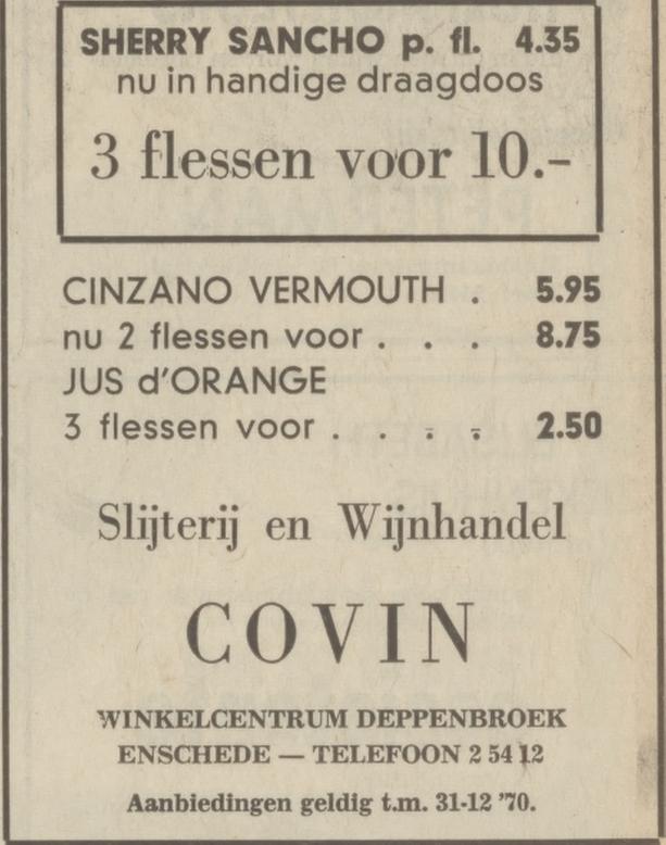 Rijnstraat winkelcentrum Deppenbroek slijterij en wijnhandel Covin advertentie Tubantia 18-12-1970.jpg