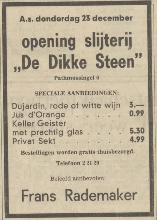 Pathmossingel 6 slijterij De Dikke steen Frans Rademaker advertentie Tubantia 22-12-1971.jpg