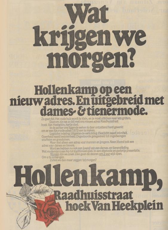 Raadhuisstraat 16 hoek H.J. van Heekplein kledeingmagazijn Hollenkamp openingsadvertentie Tubantia 21-3-1973.jpg