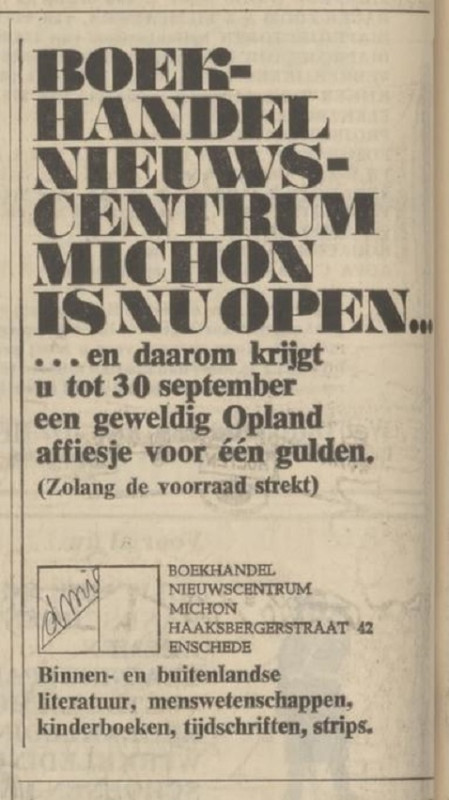 Haaksbergerstraat 42 Boekhandel nieuwscentrum Michon advertentie Tubantia 8-9-1972.jpg