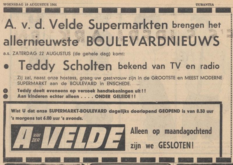 Boulevard 1945-335 Supermarkt A. van der Velde advertentie Tubantia 19-8-1964.jpg