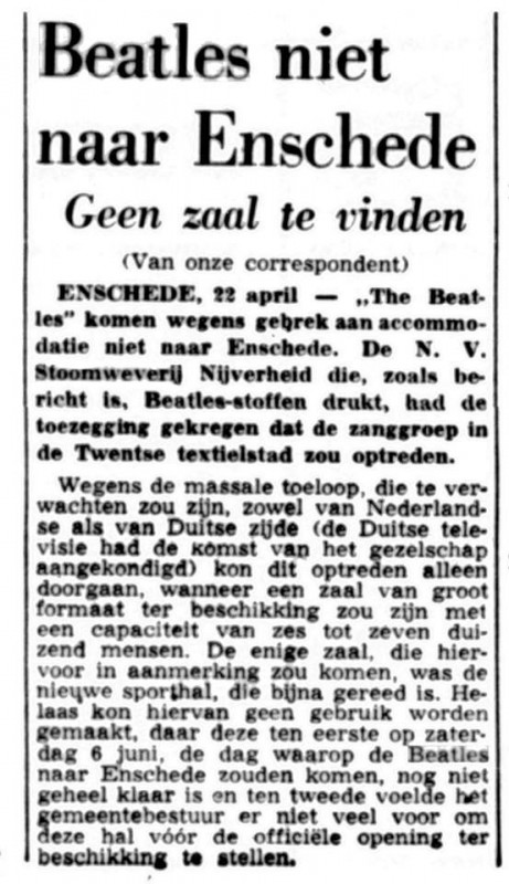 Beatles niet naar Enschede