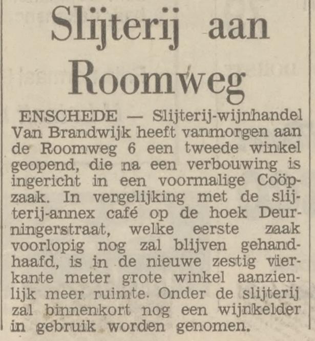 Roomweg 6 slijterij wijnhandel Van Brandwijk krantenbericht Tubantia 9-11-1967.jpg