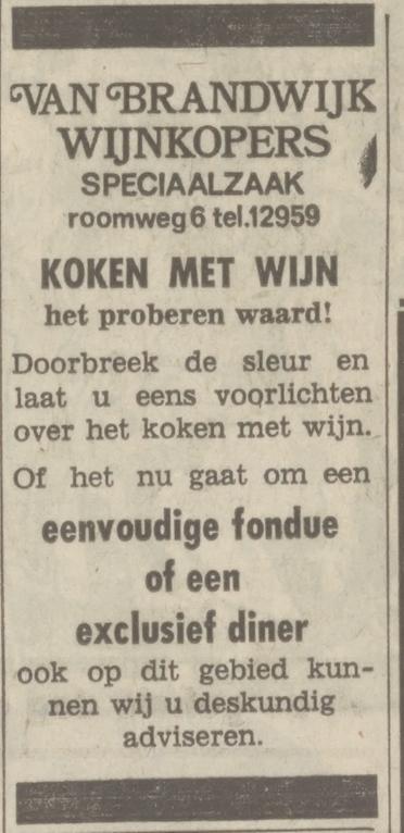 Roomweg 6 Van Brandwijk wijnkopers advertentie Tubantia 28-10-1971.jpg