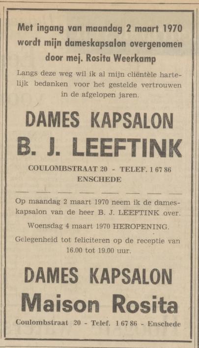Coulombstraat 20 Dames kapsalon B.J. Leeftink advertentie Tubantia 2-3-1970.jpg