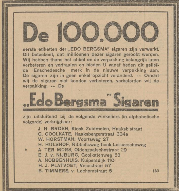 Haaksbergerstraat 29A kiosk Zuidmolen J.H. Broen advertentie Tubantia 5-12-1929.jpg