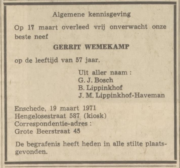 Hengelosestraat 587 kiosk G. Wemekamp overlijdensadvertentie Tubantia 19-3-1971.jpg