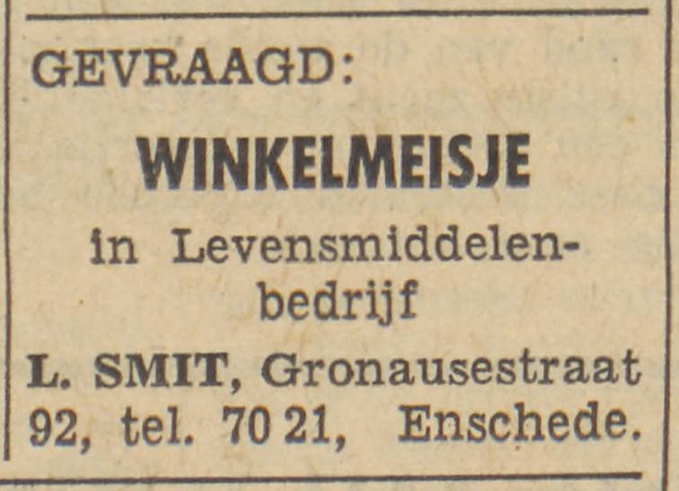 Gronausestraat 92 levensmiddelenbedrijf L. Smit advertentie Tubantia 17-9-1960.jpg