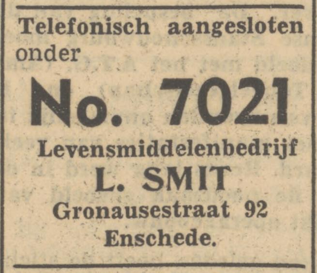 Gronausestraat 92 levensmiddelenbedrijf L. Smit advertentie Tubantia 21-7-1950.jpg