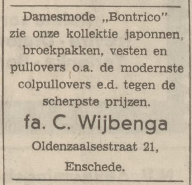 Oldenzaalsestraat 21 Damesmode Bontrico Fa. C. Wijbenga advertentie Tubantia 15-11-1971.jpg