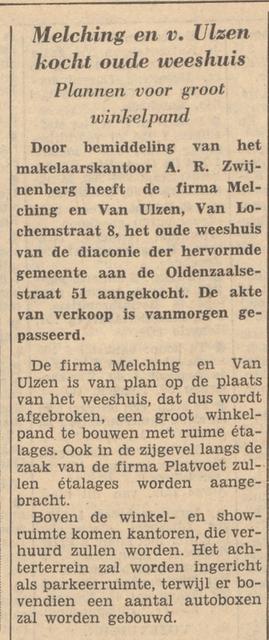 Oldenzaalsestraat 51 sportzaak Melching en van Ulzen op plek oude weeshuis krantenbericht Tubantia 11-5-1960.jpg