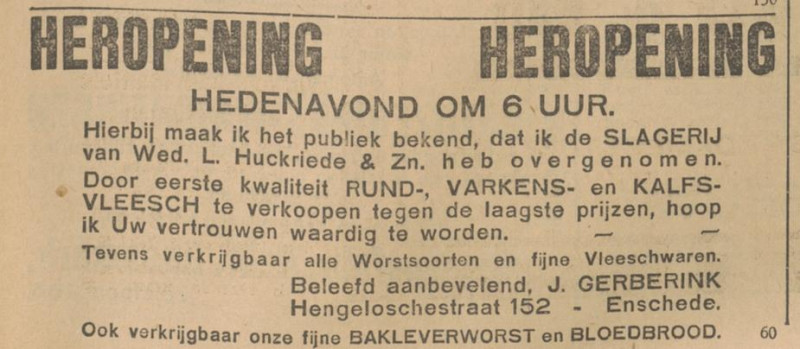 Hengelosestraat 152 slagerij J. Gerberink voorheen slagerij Wed. L. Huckriede & Zn advertentie Tubantia 1-11-1929.jpg