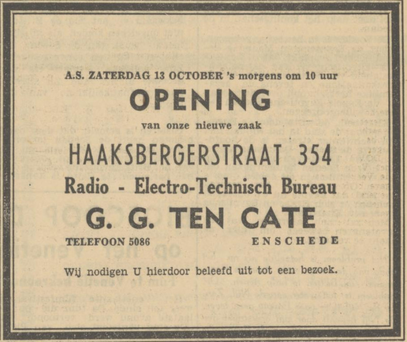 Haaksbergerstraat 354 Radio- Electro- Technisch Bureau G.G. ten Cate advertentie Tubantia 12-10-1951.jpg