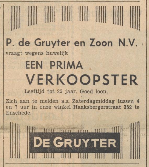 Haaksbergerstraat 352 P. de Gruyter en Zoon N.V. advertentie Tubantia 15-4-1955.jpg