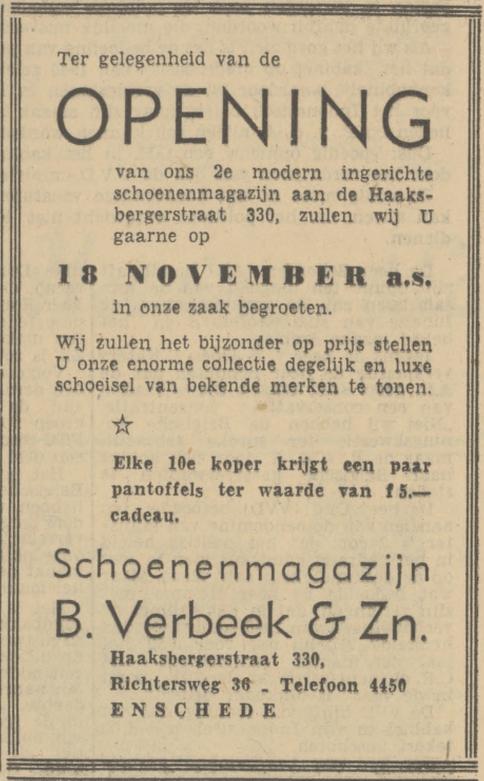 Haaksbergerstraat 330 schoenenmagazijn B. Verbeek & Zn advertentie Tubantia 17-11-1950.jpg