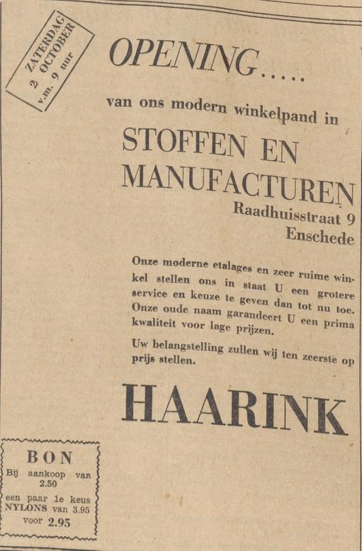 Raadhuisstraat 9 Haarink stoffen en manufacturen advertentie Tubantia 1-10-1954.jpg