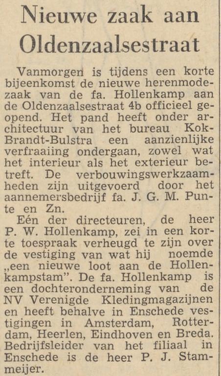 Oldenzaalsestraat 42 herenmodezaak Fa. Hollenkamp krantenbericht Tubantia 13-4-1962.jpg