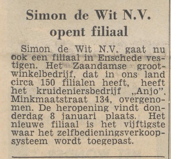 Minkmaatstraat 134 Simon de Wit filiaal krantenbericht Tubantia 6-1-1959.jpg