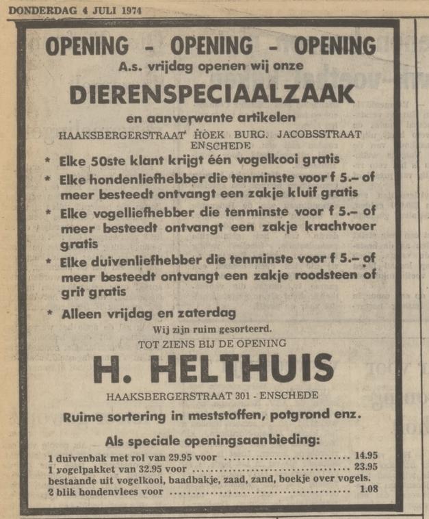 Haaksbergerstraat 301 hoek Burgemeester Jacobsstraat dierenspeciaalzaak Helthuis advertentie Tubantia 4-7-1974.jpg
